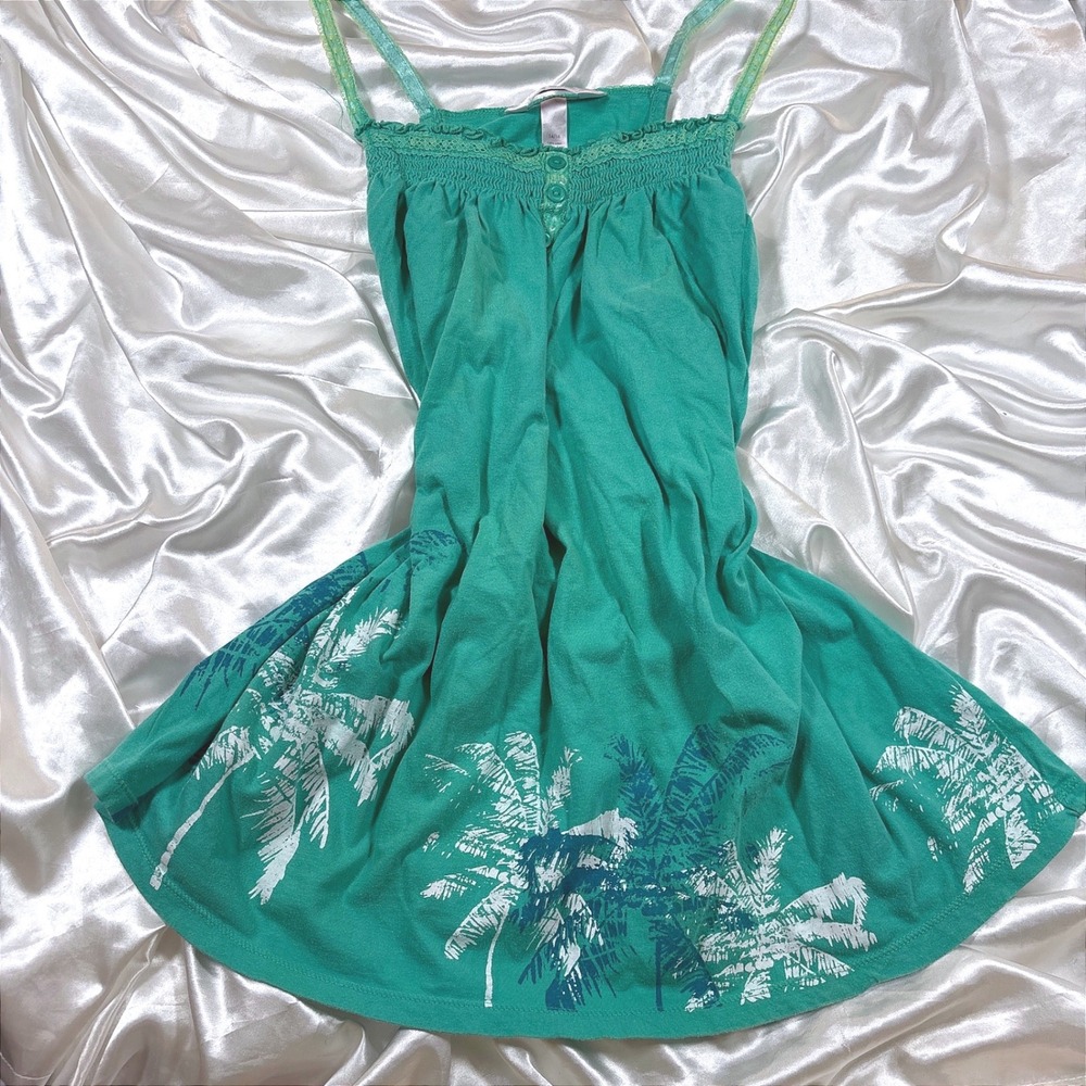 y2k Cami Top Green Excellent Tropical Palm Tree Smocked Lace Trim Babydoll Cami
